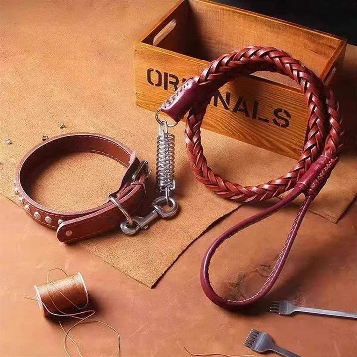 Braided rope Leather Dog collar and leash set